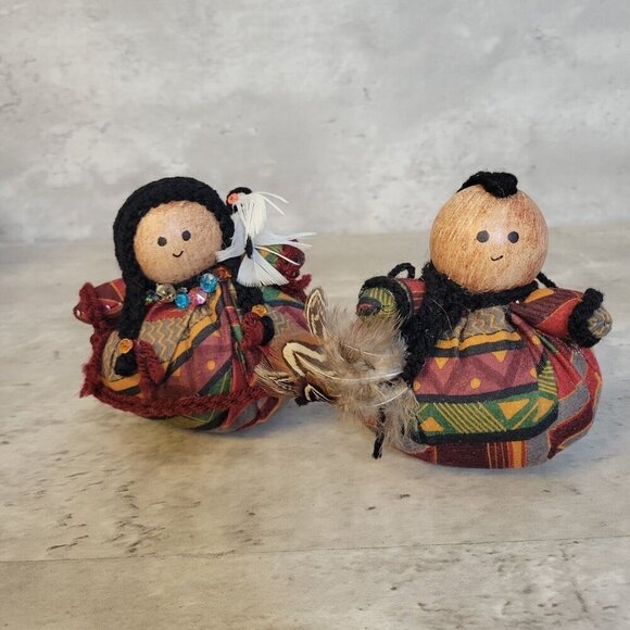 Native American Dolls Handmade In Maine Beaded Head Shelf Sitters Adorable - Picture 1 of 14
